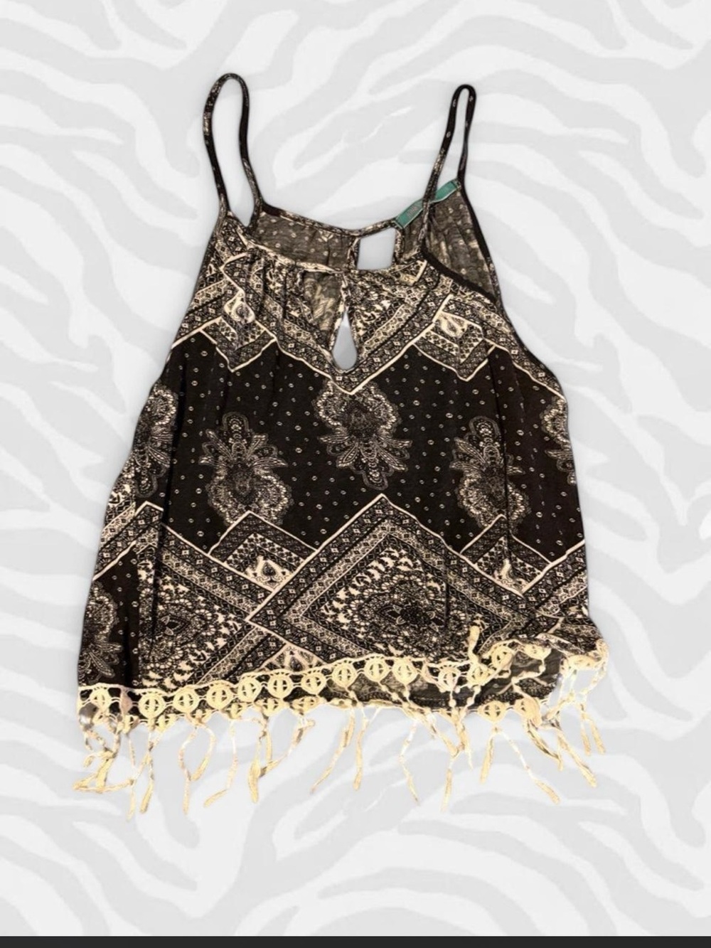 julie's closet Black & Cream Boho Fringe Cami Top
